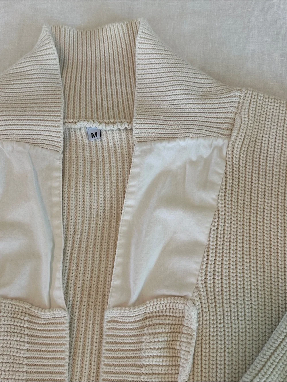 Off-white Open-Front Ribbed Knit Women's Cardigan Sweater with Elbow Patches - Picture 3 of 6